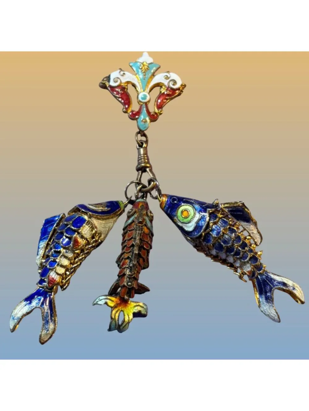 Cloisonné Enamel Three Fish Dangling from Fleur-de-lis brooch Brooch Statement